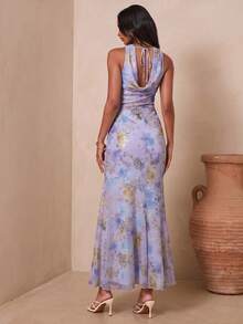 Enchnt Embroidered Cowl Neck Bodycon Dress, Romantic Elegant Summer Vacation Style Vacation Lavender - Purple - View 3