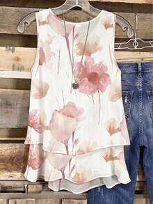 Linhara Plus Size Luxury High-End Fresh Floral Print Double Layer Camisole Tank Top Summer Casual Outfit For Going Out And Party - Pink - View 2