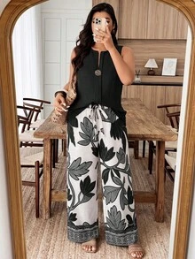 Weeklong Women's Plus Size Spring/Summer Botanical Print Button Decor Casual Vacation 2-Piece Set Vacation Emerald Green White Vacation Tropical - Multicolor - View 1