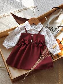 SHEIN Playful Pals 酒紅色碎花 2 合 1 女嬰洋裝，秋季新款甜美公主風洋裝，翻領、泡泡袖、蝴蝶結設計，時尚女嬰洋裝 - 酒紅色 - 查看 6