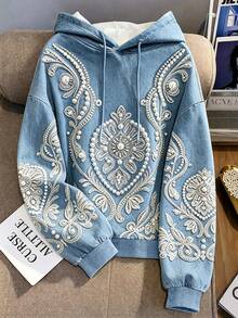 Resyla Women's Light Luxury All-Pearl Rhinestone Embroidered Denim Hoodie, Spring And Autumn Style, Loose And Slimming, Loose And Versatile Pullover Sweatshi - White - View 3