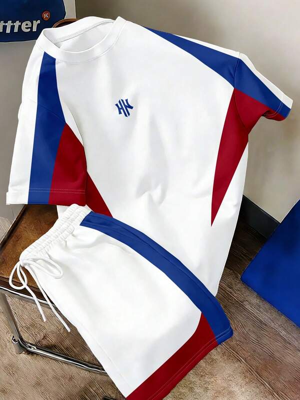 Chillumni Herren Sportset in Rot, Weiß und Blau, Farbblock-Design, Kurzarm T-Shirt und Shorts 2-teiliges Outfit