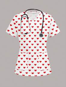 PopScrub Women's Scrub Top, Heart Print Pattern, Suitable For Work Commute, Pet Hospital - Multicolor - View 6