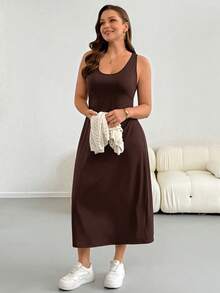 Shapeblank Plus Size Women's Solid Color Dress And Short Sleeve Top Casual Gothic Modest Daily 2-Piece Set Office Work Beige Chocolate Brown Summer - Coffee Brown - View 5