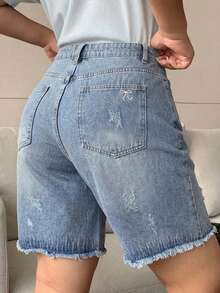 Dazy Plus Celana Pendek Denim Biru Tua dengan Saku Belakang dan Bordir Pita, Potongan Lurus, Panjang Selutut, Cocok untuk Musim Semi dan Musim Panas - Light Wash - View 6