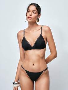 Softvol Women's Solid Color Lace Trim Fashionable Lingerie Set - Black - View 5