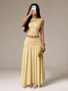 SHEIN PETITE Conjunto de 2 piezas de top de cuello redondo plisado y falda de unicolor casual para uso diario para mujer - Amarillo - Ver 5