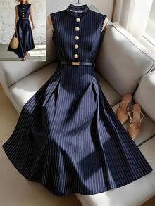 SHEIN Franclia 女士优雅法式无袖连衣裙，立领，纽扣装饰，无腰带，A字裙摆，藏蓝色条纹，优雅女装，夏季连衣裙，沙滩装，休闲连衣裙，度假装，休闲连衣裙，女士通勤装，女士办公室装，社交连衣裙，工作连衣裙，女士办公室着装，女士商务着装，女士工作连衣裙，夏季女装 - 藏蓝色 - 查看 1
