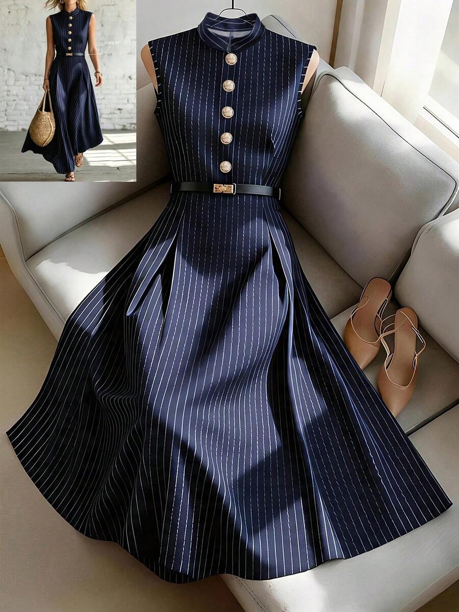 SHEIN Franclia 女士优雅法式无袖连衣裙,立领,纽扣装饰,无腰带,A字裙摆,藏蓝色条纹,优雅女装,夏季连衣裙,沙滩装,休闲连衣裙,度假装,休闲连衣裙,女士通勤装,女士办公室装,社交连衣裙,工作连衣裙,女士办公室着装,女士商务着装,女士工作连衣裙,夏季女装 - 藏蓝色 - 查看 1