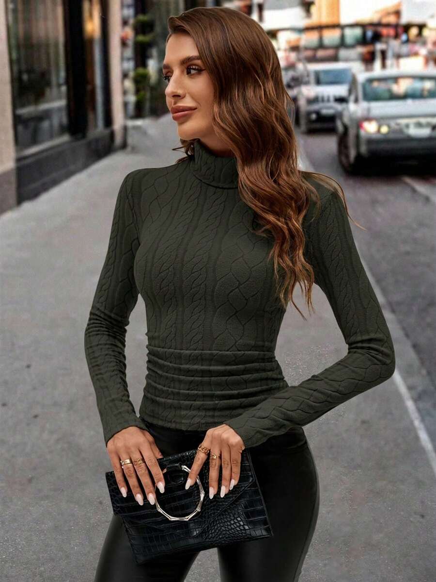 Editum Women's High Neck Jacquard Knit Ruched Slim Fit T-Shirt Office Olive Green Autumn Casual Elegant - Army Green - View 1