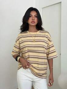 Aloruh Women's Spring/Summer Pink And Purple Striped Short Sleeve T-Shirt, Suitable For Streetwear 90s, Daily, Casual, Y2K Back-To-School Everyday Student - Multicolor - View 6
