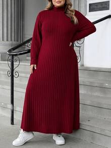 SHEIN CURVE+ 女款大尺碼秋冬針織羅紋高領長袖A字洋裝 - 酒紅色 - 查看 7