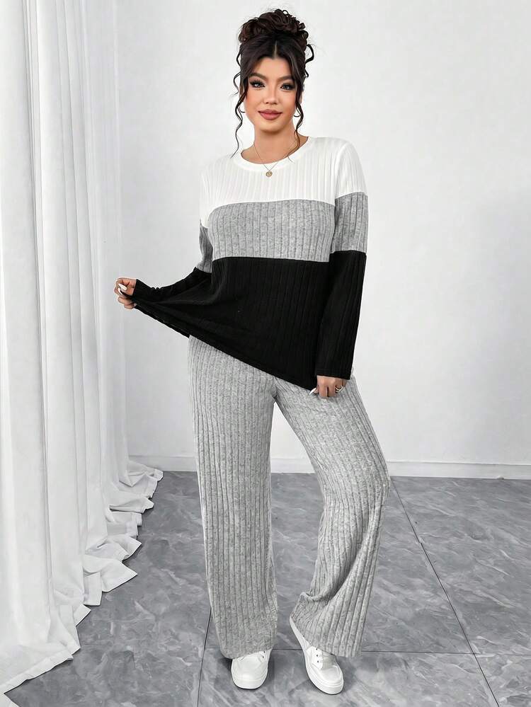 Elenzga Plus Size Brushed Ribbed Contrast Color Patchwork Three-Color Crew Neck Long Sleeve Fitted T-Shirt + Brushed Ribbed Loose Pants 2-Piece Set, Elegant For Home, Outings, Dates, Gatherings, Parties - Multicolor - View 5