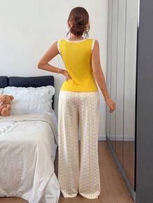 Napfluff Casual Lace Trim Tank Top & Long Pants Pajama Set - Yellow - View 2