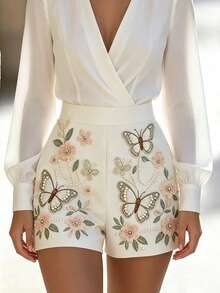 SHEIN French Luxury Floral Butterfly Print Shorts, High Waist Summer ...