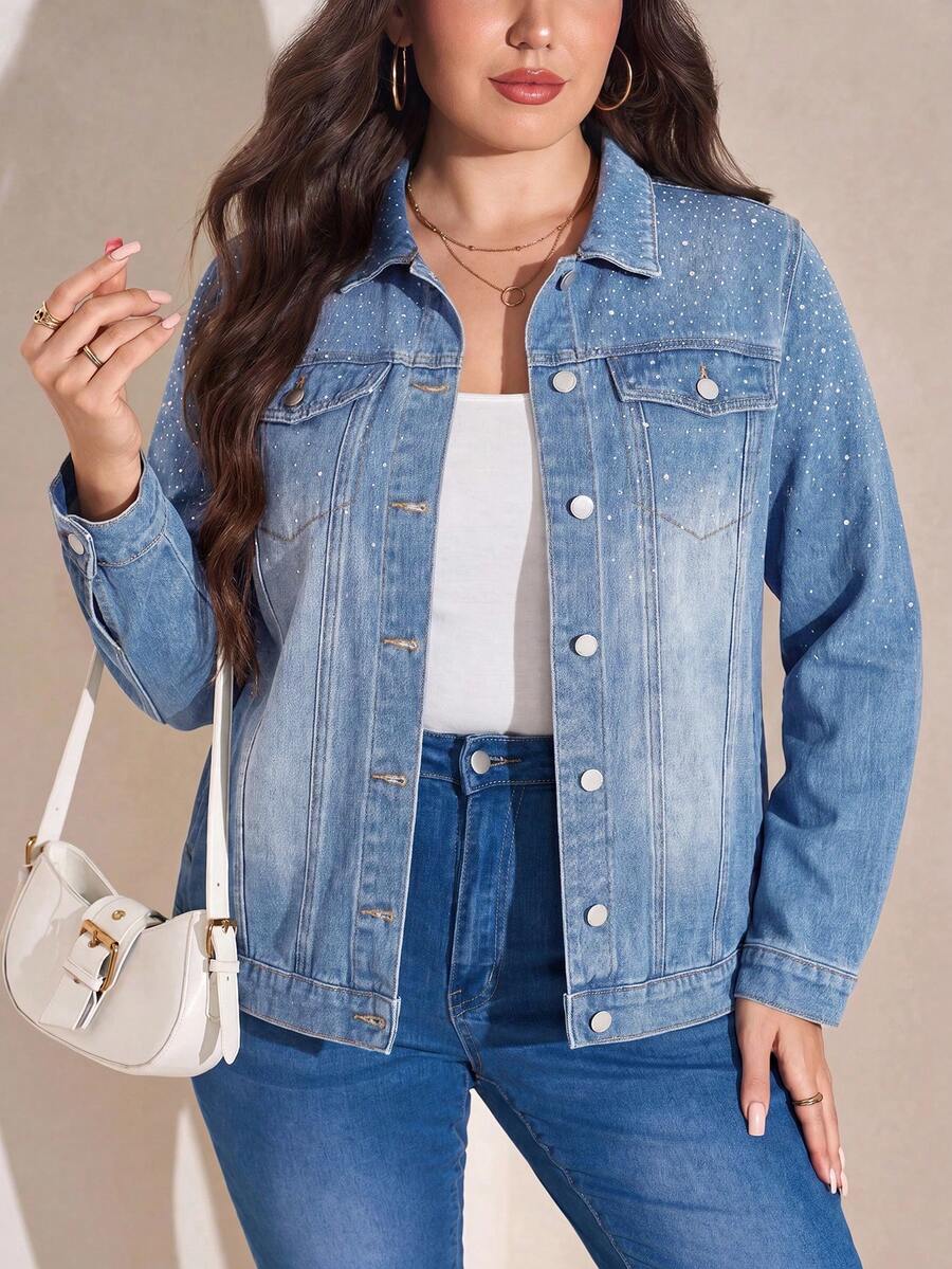 SHEIN LUNE 大尺碼女款水鑽長袖單排扣休閒牛仔夾克 - 藍色 - 查看 1