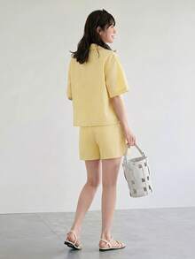 Yumoku 2pcs Women's Linen Striped Shirt & Shorts Set, Casual Summer Holiday Wear,Casual - Yellow - View 2