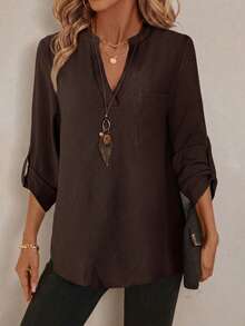 EMERY ROSE Camisa de trabajo para mujer con estampado integral, cuello con muesca y manga 3/4 para primavera/otoño - Café integral - Ver 4