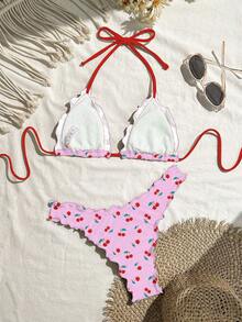 Swim Mod Conjunto de bikini sexy de unicolor con diseño de volantes de alta elasticidad para mujer para vacaciones - Rosa - Ver 2