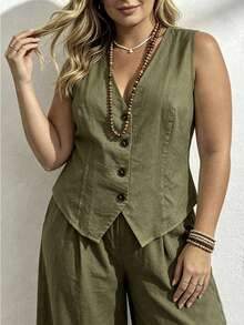EMERY ROSE Plus Size Minimalist Solid Color Fashion Single-Breasted Casual Shirt - Army Green - View 1