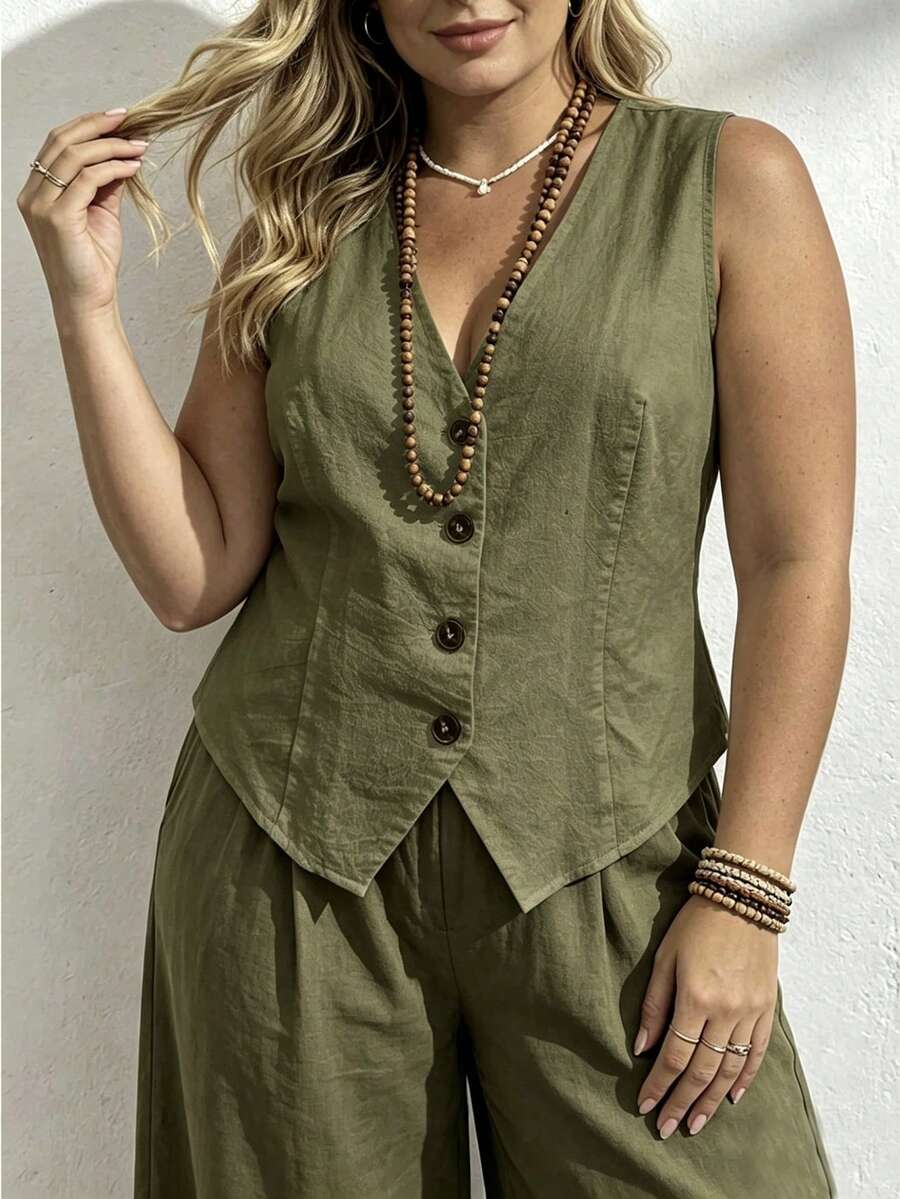 EMERY ROSE Plus Size Minimalist Solid Color Fashion Single-Breasted Casual Shirt - Army Green - View 1