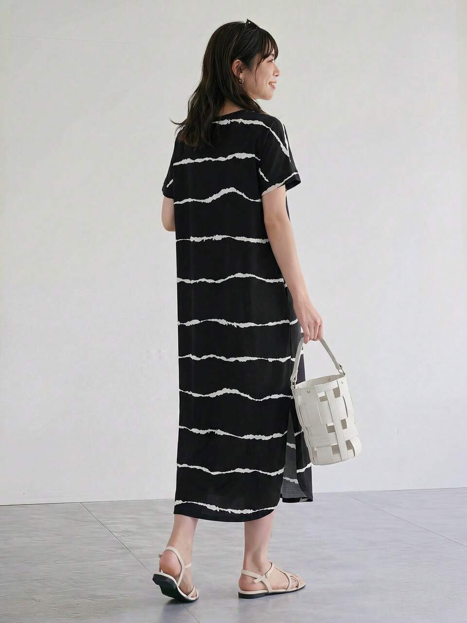 Striped Batwing Sleeve Curved Hem Dress,Casual