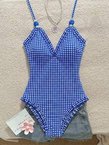 Swim Mod 女童特製面料粉色蕾絲掛脖式一件式泳衣 - 寶藍色 - 查看 6