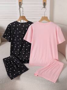 4pcs Women's Round Neck Bow & Star Print Short Sleeve Shorts Casual Knit Pajamas Homewear Set - Multicolor - View 2