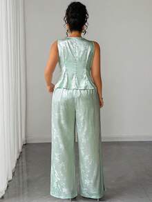 Elenzga Plus Size Women's Floral Print Metal Single-Breasted Top And Wide Leg Pants Casual Daily Outfit - Mint Green - View 2