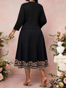 SHEIN Lady 大尺碼女款拼色洋裝與素色開襟衫休閒日常兩件套 - 黑色 - 查看 2