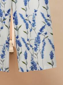 Modelyn Plus Size Long Sleeve Solid Color Shirt & Loose Print Pants 2pcs Set For Women Fall - Blue - View 6