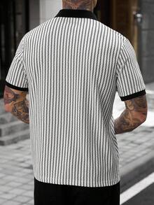 Manfinity CasualCool 男士夏季街頭休閒條紋拼接滾邊 Polo 衫 - 黑與白 - 查看 2