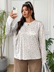 SHEIN EZwear 女款大尺碼豹紋休閒落肩寬鬆長袖T恤 秋季 - 彩色 - 查看 6
