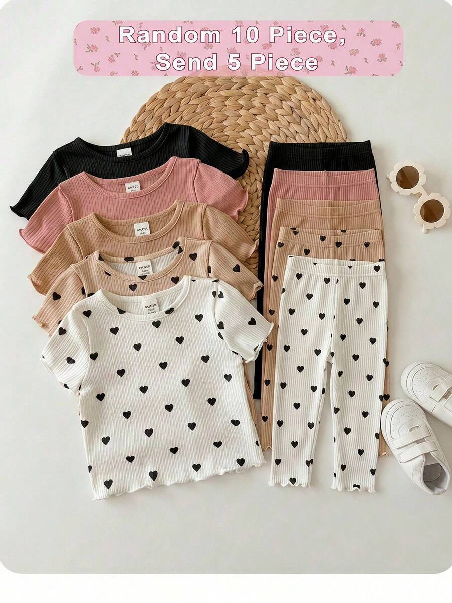 5-Piece Of Solid Color Heart Pattern Knitted Casual T-Shirts For Baby Girls (Multiple Pieces) - Multicolor - View 1