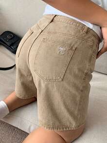 Dazy Plus Khaki Back Pocket Bow Embroidery Straight Leg Knee Length Denim Shorts Spring/Summer Back-To-School Date Night Hiking Casual - Camel - View 2