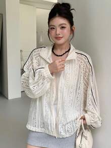 Dazy Plus Plus Size Women Lace Lantern Sleeve Open Front Loose Jacket, See-Through Lantern Sleeve Long Sleeve Casual Top, Spring/Summer/Autumn - Apricot - View 6