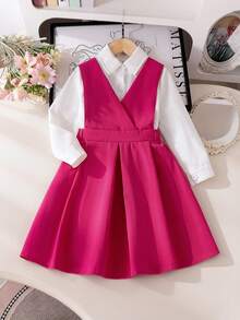 Young Girls Casual Turn-Down Collar Long Sleeve Shirt Fuchsia Suspender Waist-Cinching Dress 2-Piece Set Back To School Children's Autumn Outfit - White - View 4