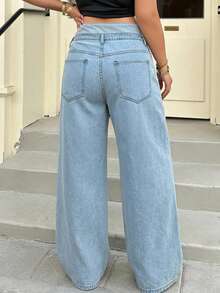 Dazy Plus Fashion Casual Colorblock Patchwork Waistband 3-Button Decor Loose Straight Leg Long Plus Size Women's Jeans All Seasons - Light Wash - View 7