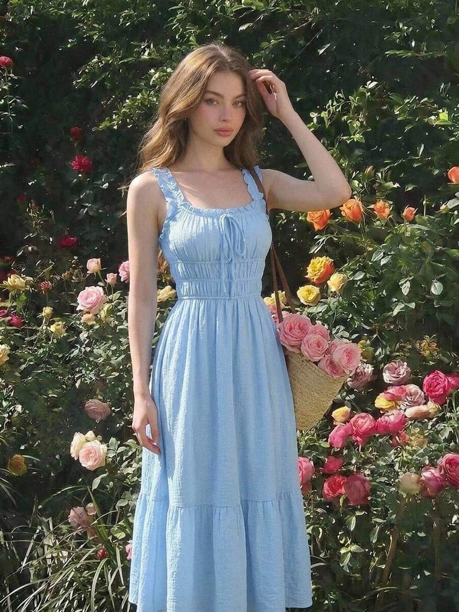 SHEIN MOD 女款純色百褶設計時尚優雅長洋裝 - 藍色 - 查看 1