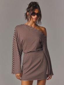 Athîral Women's Striped Print Asymmetrical Neck Flared Sleeve Cinched Waist Mini Dress,Autumn  Outfit,Going Out Dress,Office Outfits,Holiday Date Party - Brown - View 1