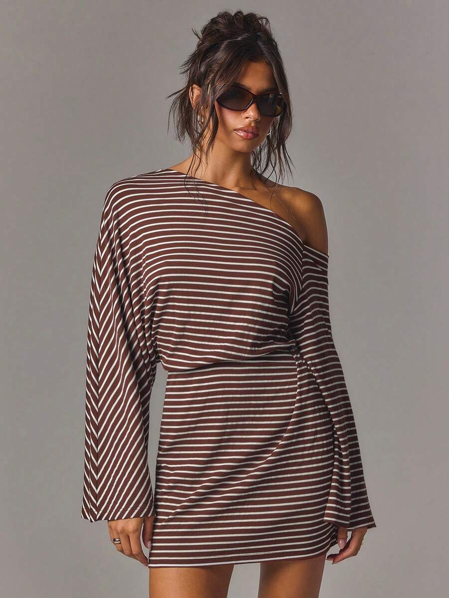 Athîral Women's Striped Print Asymmetrical Neck Flared Sleeve Cinched Waist Mini Dress,Autumn Outfit,Going Out Dress,Office Outfits,Holiday Date Party - Brown - View 1