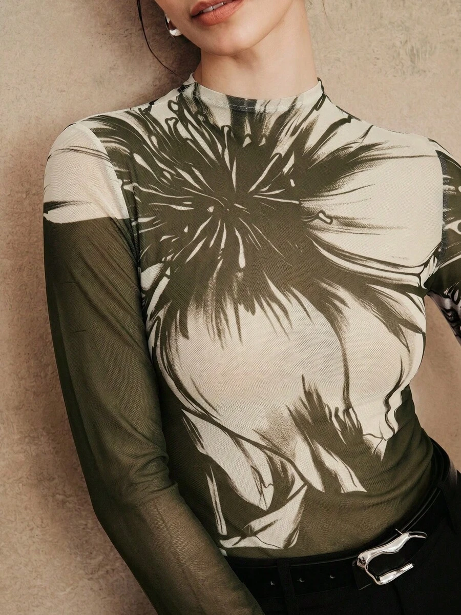 Anewsta Elegant Elegant Slim Fit Semi-High Neck Coffee Brown T-Shirt Women Long Sleeve Premium Vintage Print Mesh Base Layer Top - Army Green - View 1