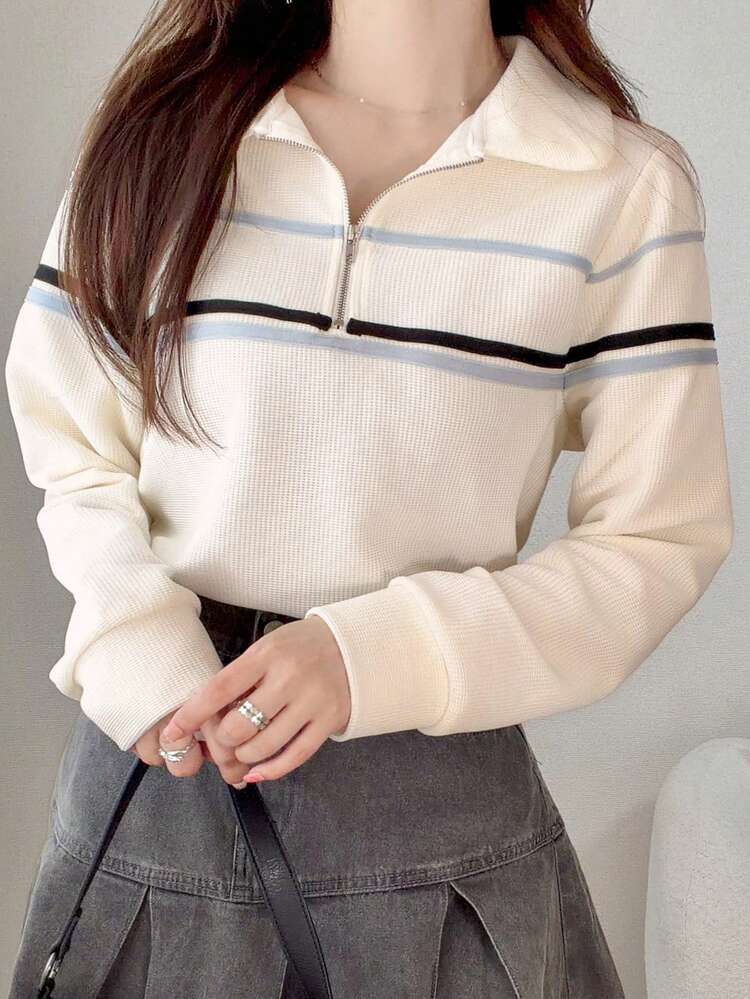 FRIFUL Women's Half-Button Polo Collar Loose Fit Colorblock T-Shirt Back-To-School Blue And White Stripe Autumn Casual Preppy Teacher Everyday School - White - View 7