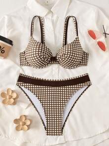 Swim Lushoire Glamour 夏季新款女款比基尼泳衣 2 件套，鋼圈托高胸型、抓褶設計、雙肩細肩帶、露背可調節三角比基尼 - 彩色 - 查看 4