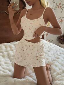 CottageSlumber 2pcs Ditsy Floral Camisole And Shorts Pajama Set, Sweet And Comfortable For Summer - Apricot - View 3