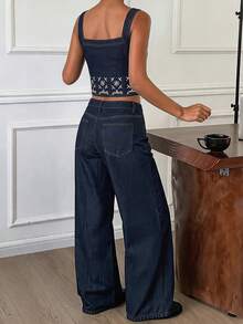 Livesso Summer Dark Blue Geometric Print Patchwork Denim Camisole Top Straight Leg Jeans Business Casual Retro Vintage 70s Streetwear Vacation Elegant Daytime - Black - View 3