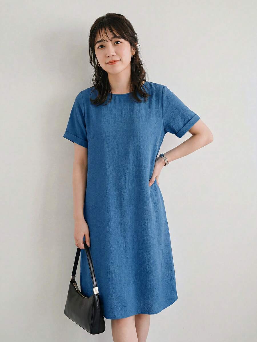 SHEIN LUNE Women Solid Color Round Neck Short Sleeve Casual Dress - Dusty Blue - View 1