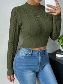SHEIN Raffinéa Suéter corto de unicolor versátil y casual - Verde militar - Ver 6