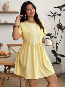 Enliva Plus Size Women's Spring/Summer Fashion Casual Loose Comfortable Refreshing Daily Versatile Slimming Yellow Short Sleeve Shirt Dress, Vacation - Yellow - View 7