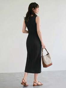 Yumoku Casual Women's Apricot Knitted Textured Bodycon Dress Black Pleated Maxi Dress Pleated Dresses For Women Black Summer Dress Women Pleated Maxi Dress Black Sundress Women,Casual Dresses For Women,Casual - Black - View 3